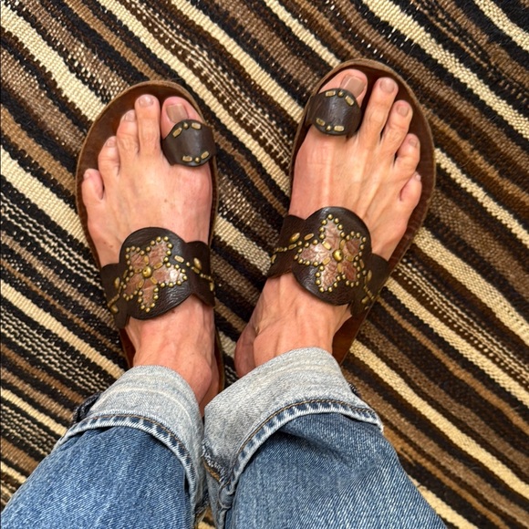 Brown Leather Sandals with Gold Accents - Picture 1 of 4